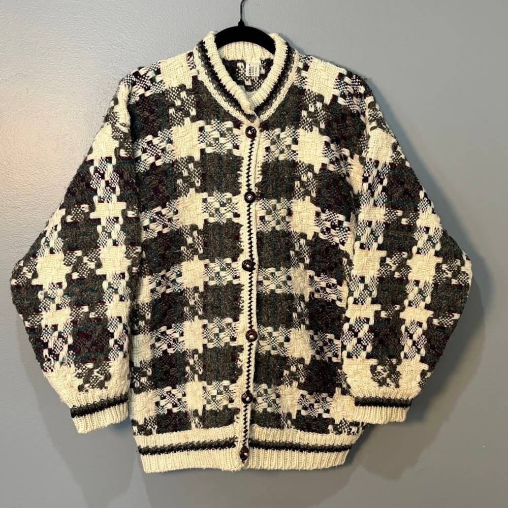 Ixchel Cardigan Sweater Mens L Cream Wool Geometric Button Vintage Boho Ecuador